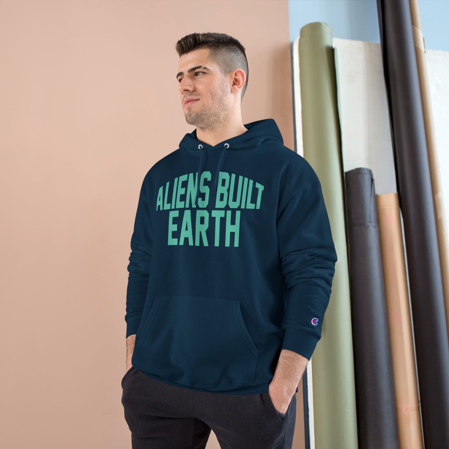 Aliens Built Earth Hoodie — Graphic Champion Hoodie with Retro Sci‑Fi Text