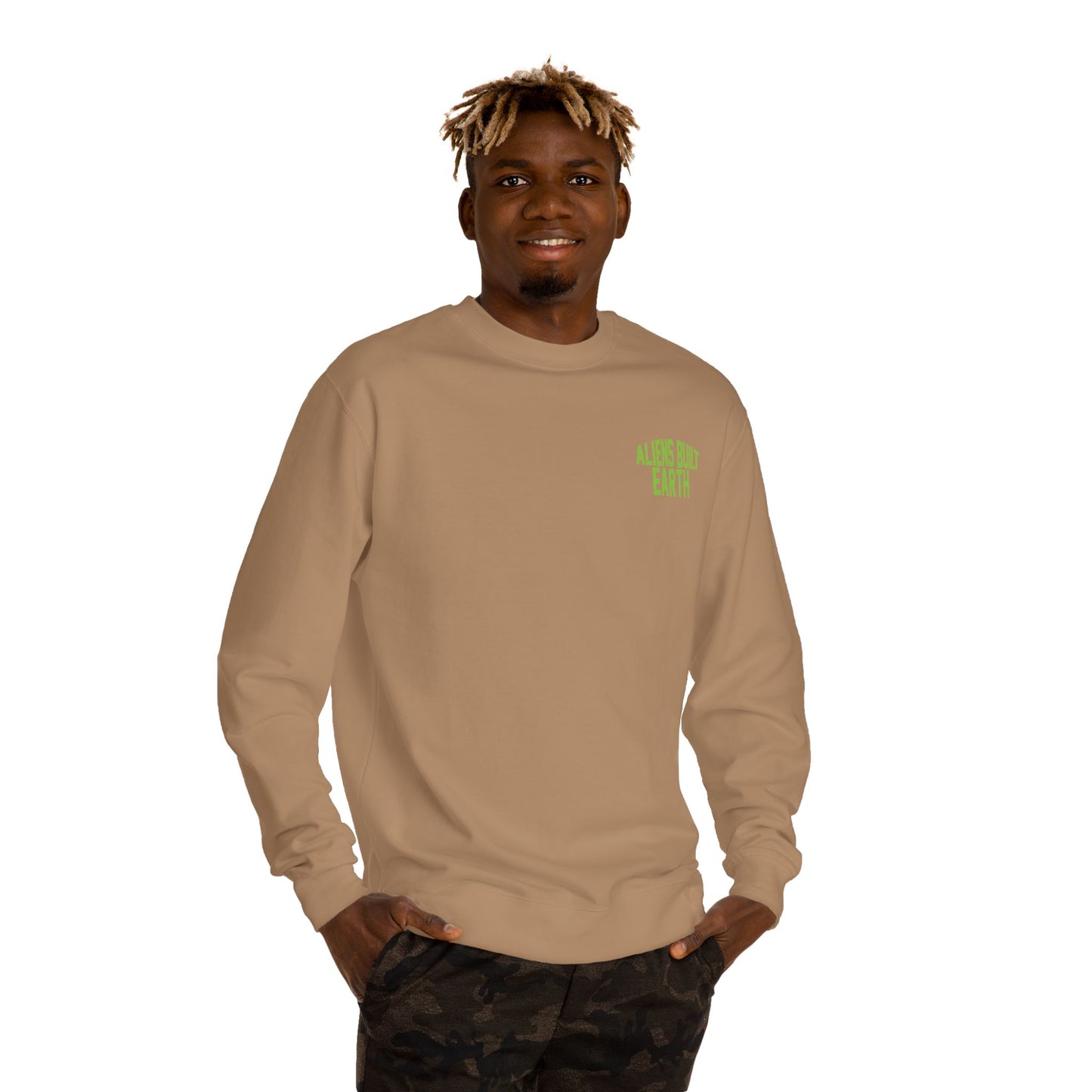 Alien Abe Crewneck Sweatshirt — "Aliens Built Earth" Graphic Pullover