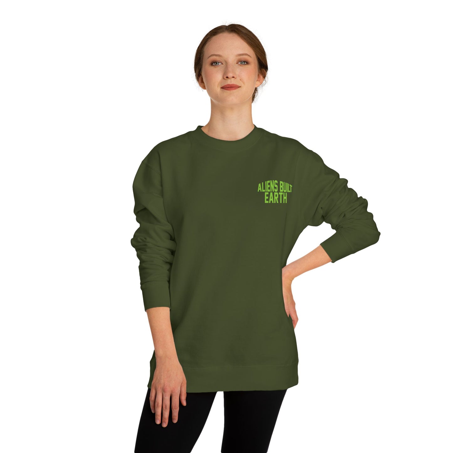 Alien Abe Crewneck Sweatshirt — "Aliens Built Earth" Graphic Pullover