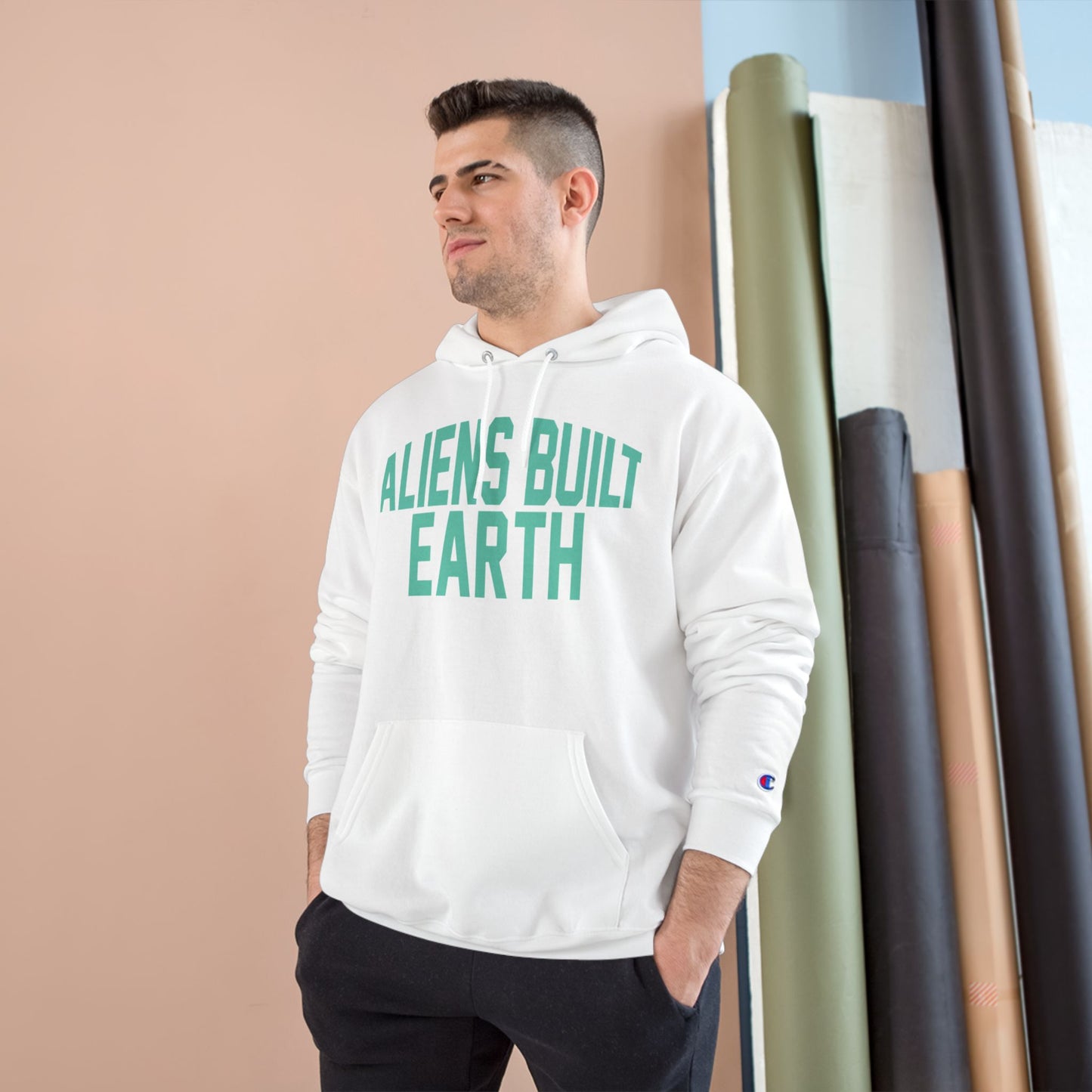 Aliens Built Earth Hoodie — Graphic Champion Hoodie with Retro Sci‑Fi Text