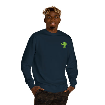 Alien Abe Crewneck Sweatshirt — "Aliens Built Earth" Graphic Pullover