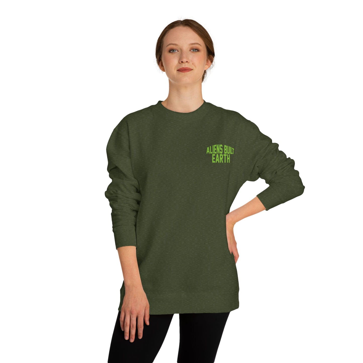 Alien Abe Crewneck Sweatshirt — "Aliens Built Earth" Graphic Pullover