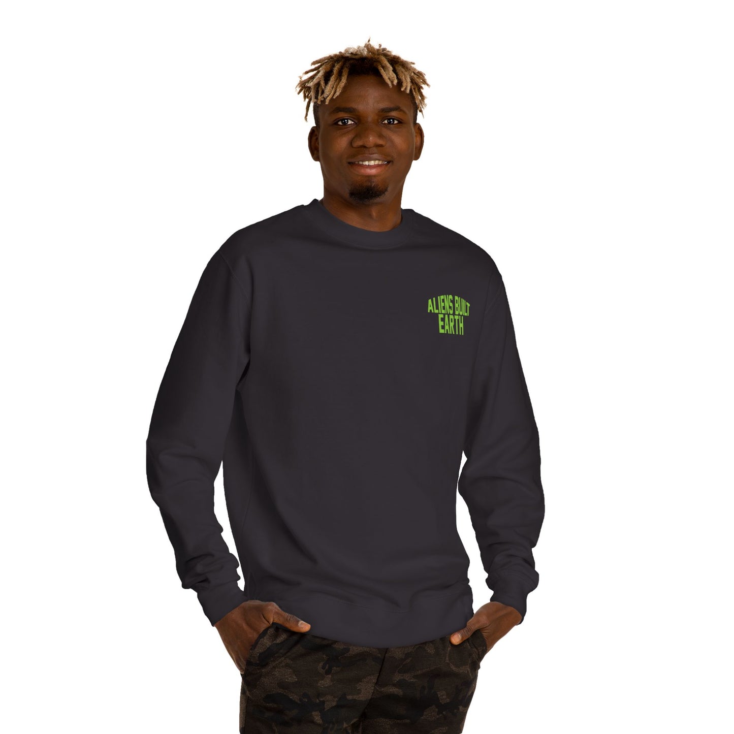 Alien Abe Crewneck Sweatshirt — "Aliens Built Earth" Graphic Pullover