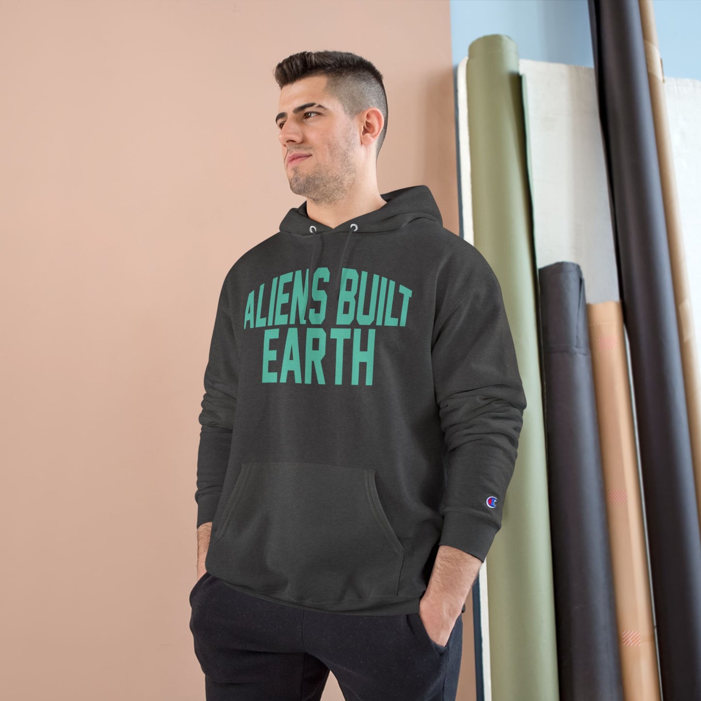 Aliens Built Earth Hoodie — Graphic Champion Hoodie with Retro Sci‑Fi Text