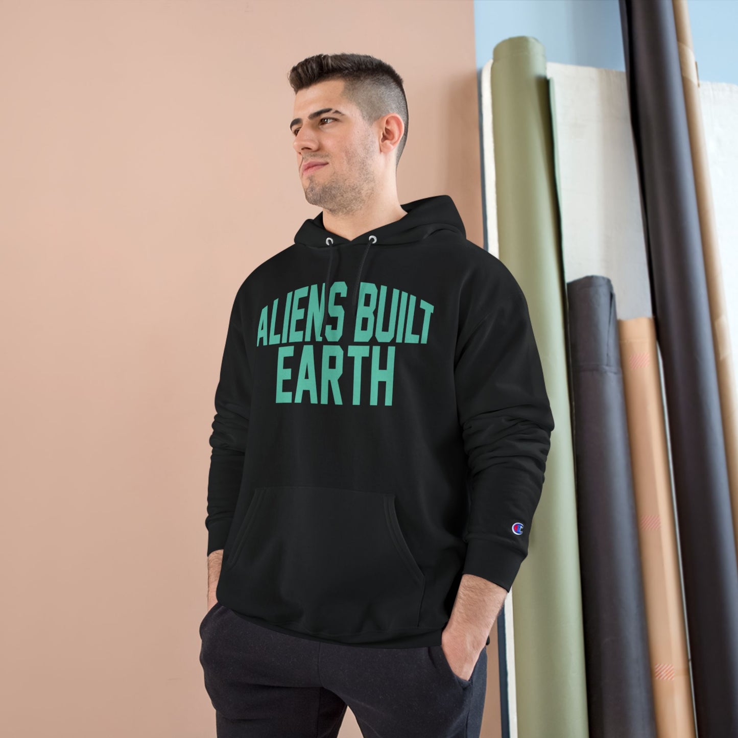 Aliens Built Earth Hoodie — Graphic Champion Hoodie with Retro Sci‑Fi Text
