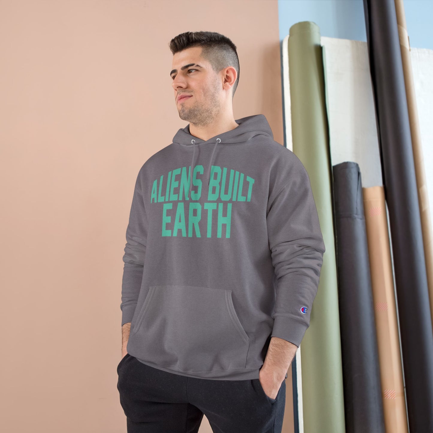 Aliens Built Earth Hoodie — Graphic Champion Hoodie with Retro Sci‑Fi Text