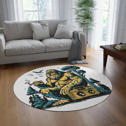 Bigfoot Forest Round Rug — Retro Sasquatch with Boombox Outdoor Vibe