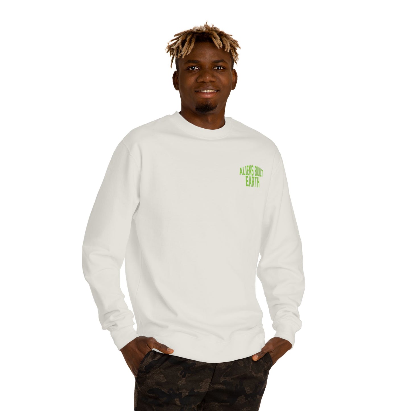Alien Abe Crewneck Sweatshirt — "Aliens Built Earth" Graphic Pullover