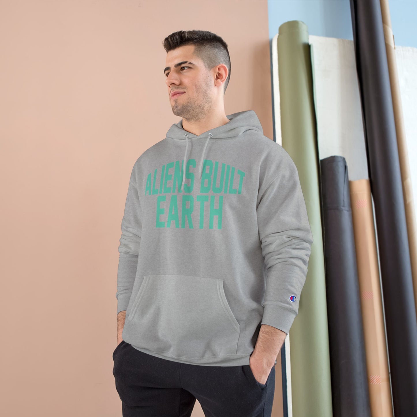 Aliens Built Earth Hoodie — Graphic Champion Hoodie with Retro Sci‑Fi Text