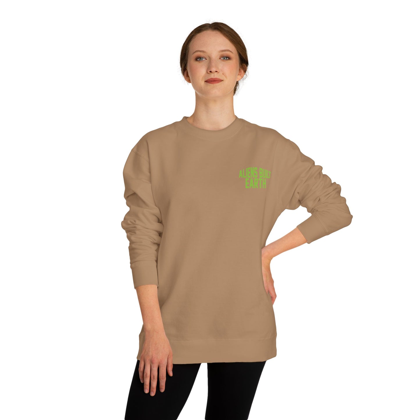 Alien Abe Crewneck Sweatshirt — "Aliens Built Earth" Graphic Pullover