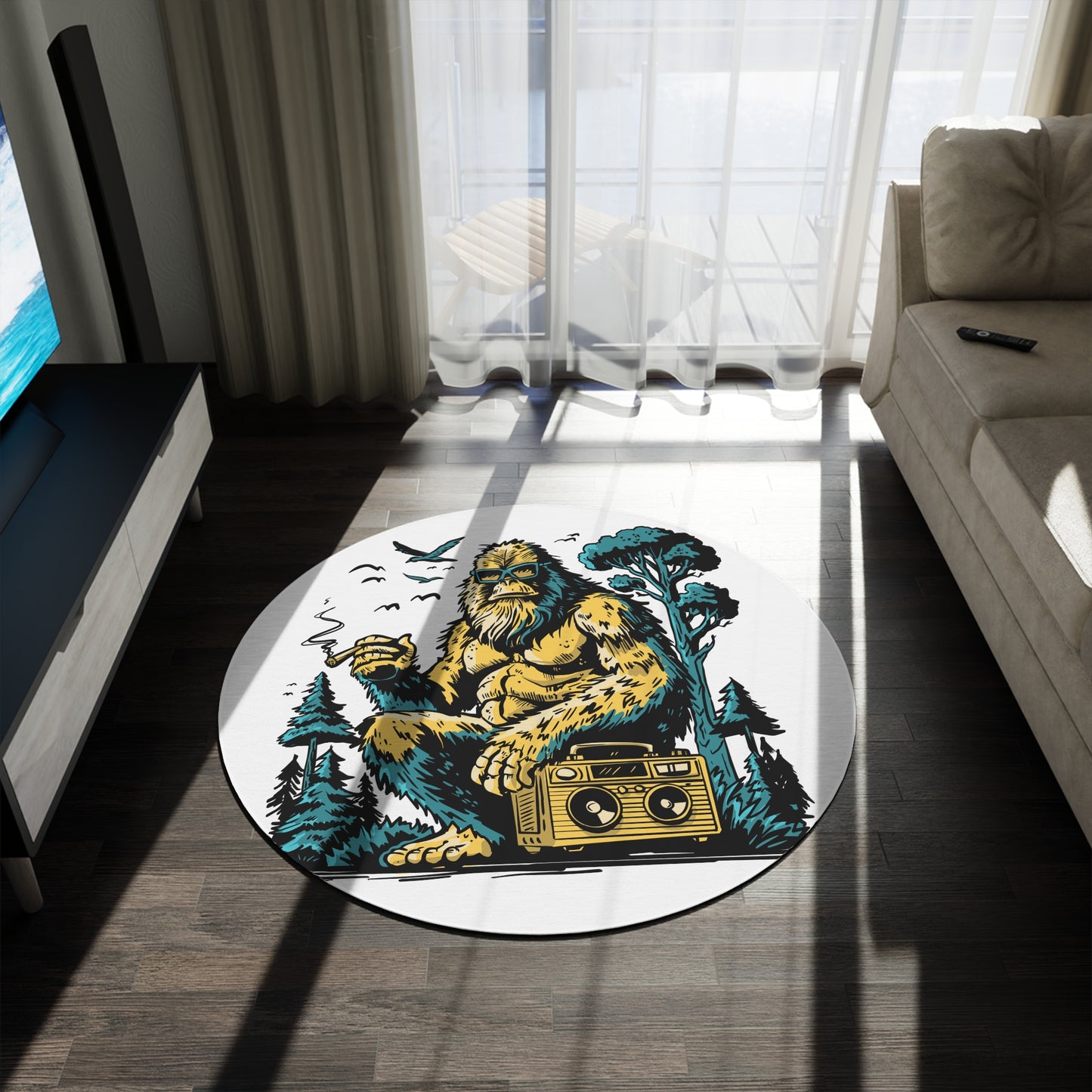 Bigfoot Forest Round Rug — Retro Sasquatch with Boombox Outdoor Vibe