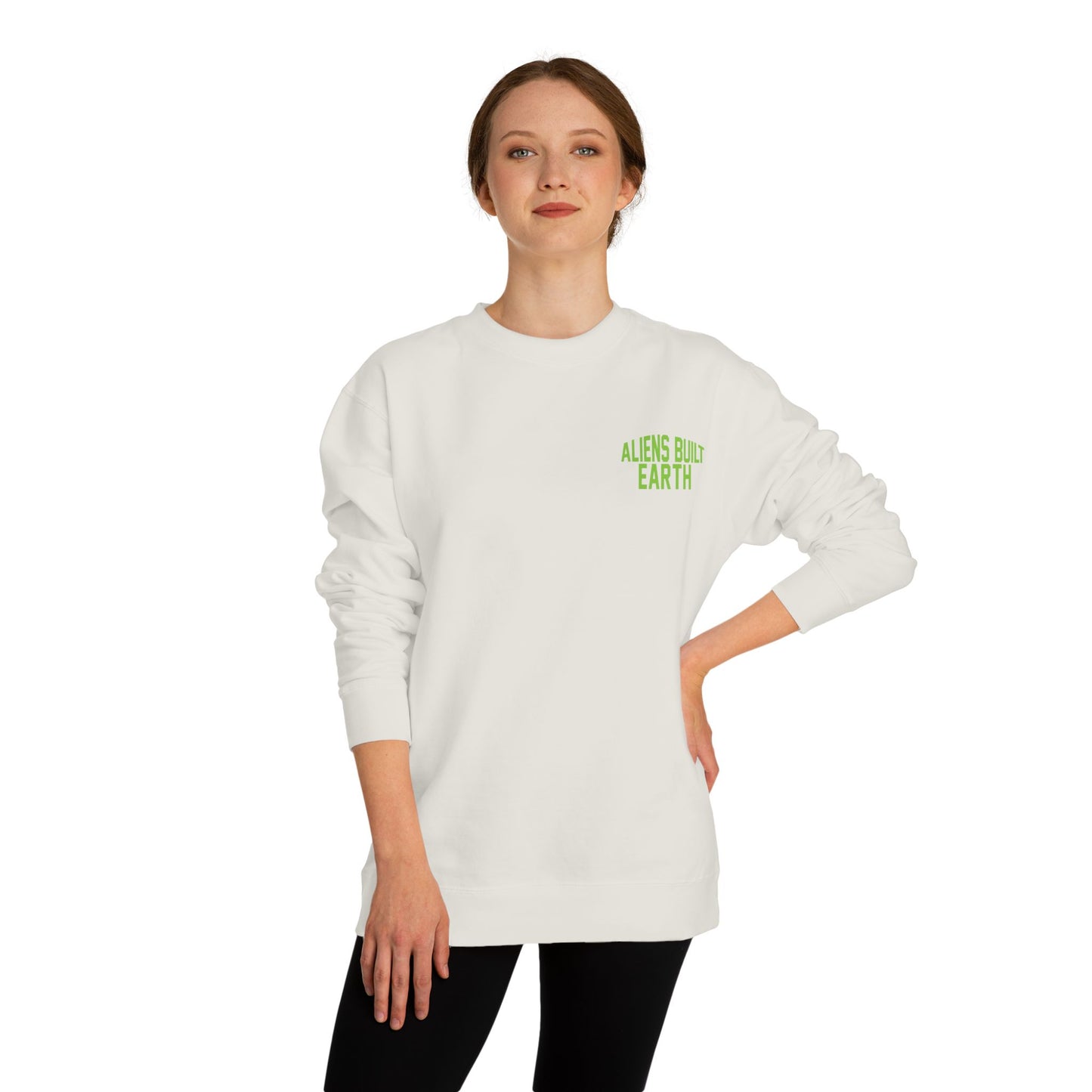 Alien Abe Crewneck Sweatshirt — "Aliens Built Earth" Graphic Pullover