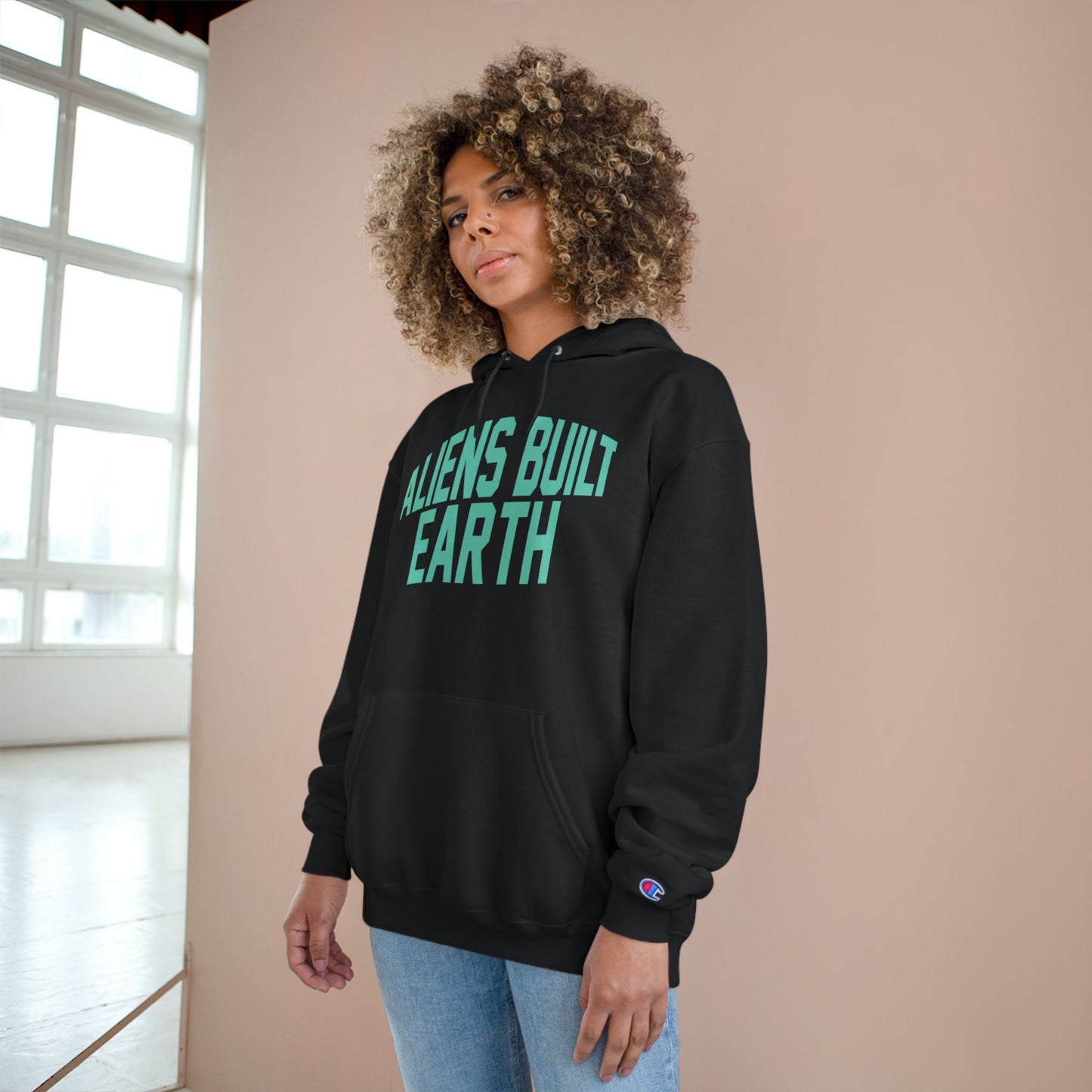 Aliens Built Earth Hoodie — Graphic Champion Hoodie with Retro Sci‑Fi Text