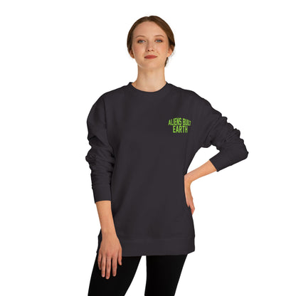 Alien Abe Crewneck Sweatshirt — "Aliens Built Earth" Graphic Pullover