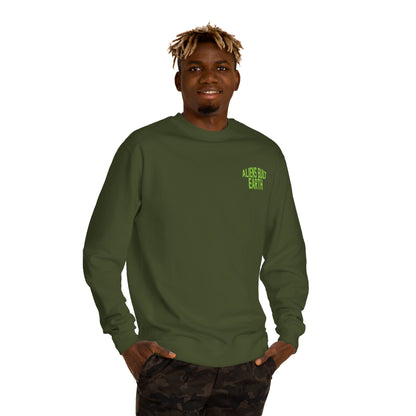 Alien Abe Crewneck Sweatshirt — "Aliens Built Earth" Graphic Pullover