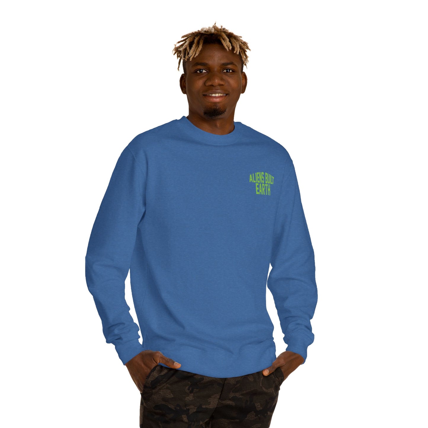 Alien Abe Crewneck Sweatshirt — "Aliens Built Earth" Graphic Pullover