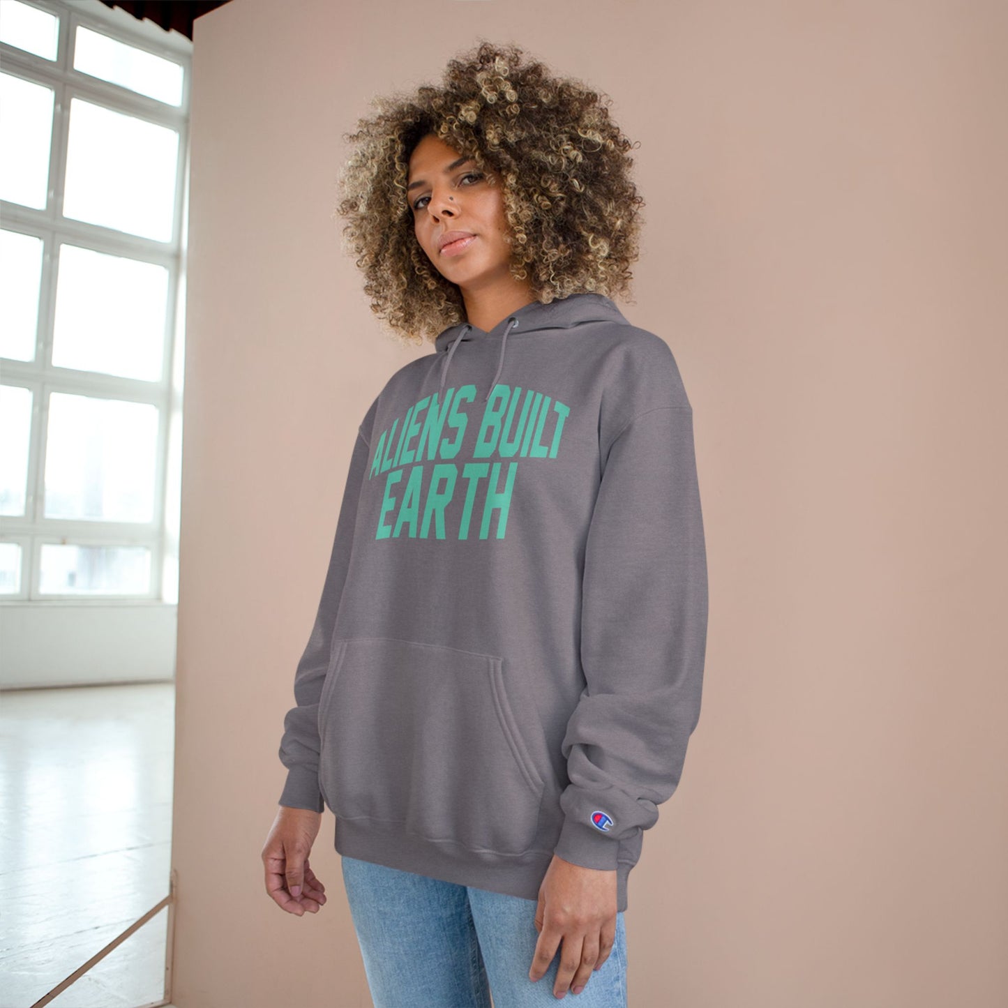 Aliens Built Earth Hoodie — Graphic Champion Hoodie with Retro Sci‑Fi Text
