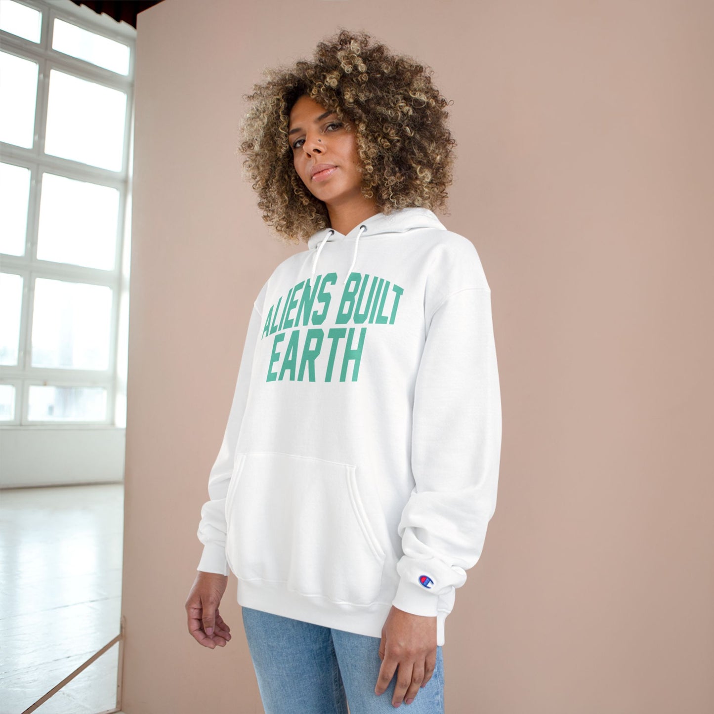 Aliens Built Earth Hoodie — Graphic Champion Hoodie with Retro Sci‑Fi Text