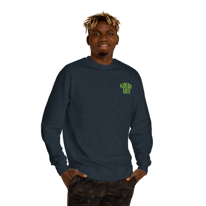 Alien Abe Crewneck Sweatshirt — "Aliens Built Earth" Graphic Pullover