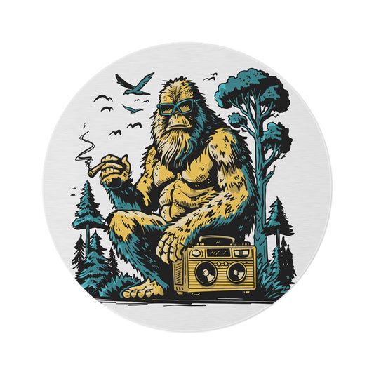 Bigfoot Forest Round Rug — Retro Sasquatch with Boombox Outdoor Vibe