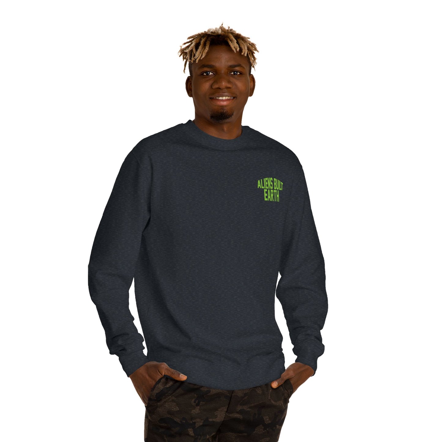 Alien Abe Crewneck Sweatshirt — "Aliens Built Earth" Graphic Pullover