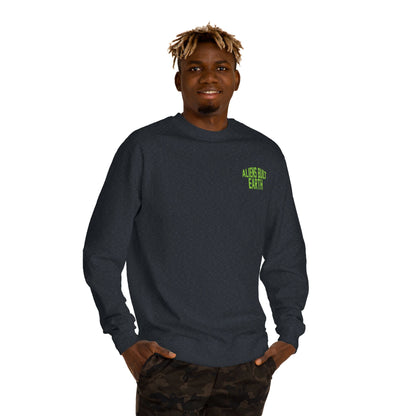 Alien Abe Crewneck Sweatshirt — "Aliens Built Earth" Graphic Pullover