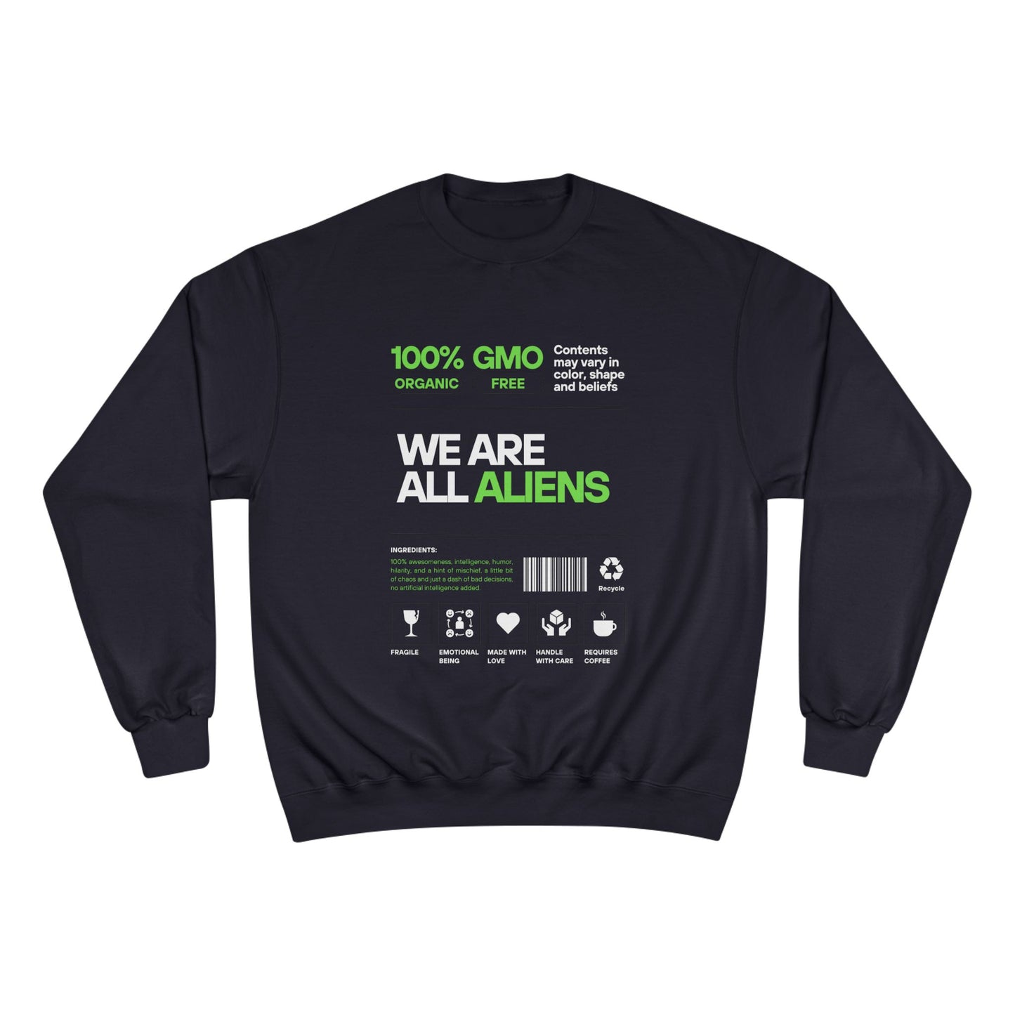We Are All Aliens Sweatshirt — Funny Sci‑Fi Graphic Crewneck